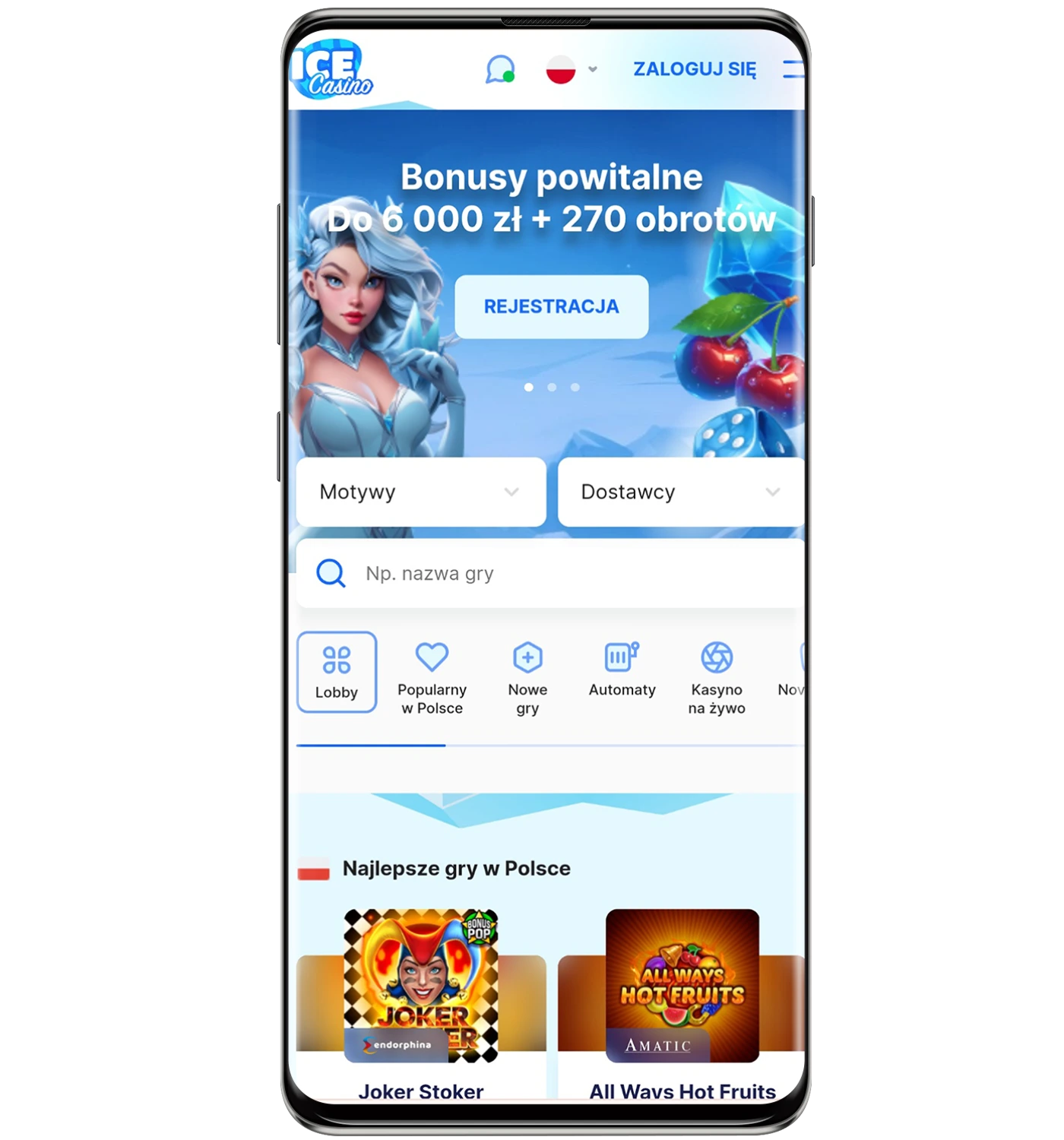 Zrzuty ekranu oficjalnej strony internetowej Ice Kasyno na urządzeniach mobilnych