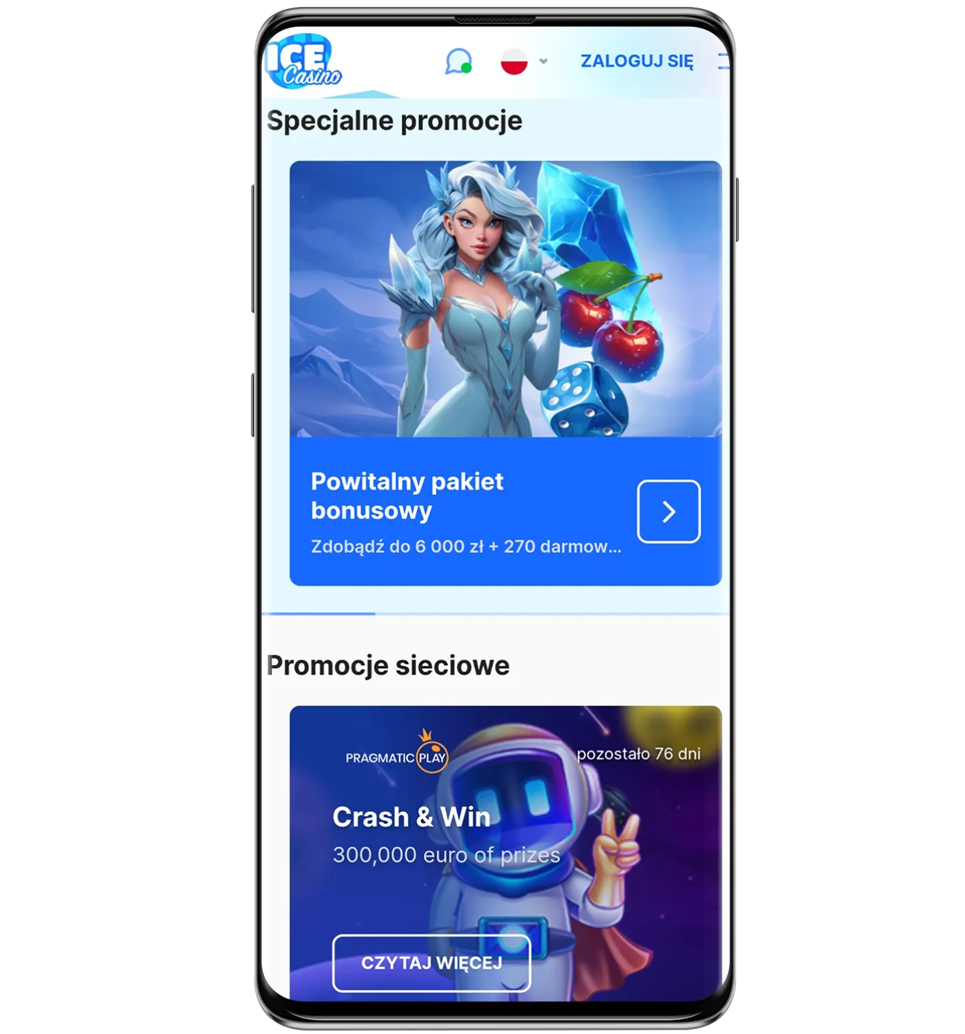 Zrzuty ekranu oficjalnej strony internetowej Ice Kasyno na urządzeniach mobilnych