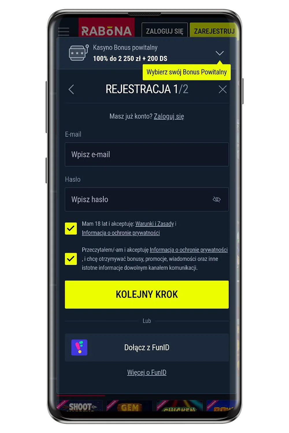 Zrzuty ekranu z oficjalnej strony internetowej Rabona